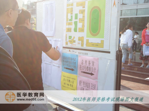 臨床醫(yī)師考生認(rèn)真查看北京信息職業(yè)技術(shù)學(xué)院考點(diǎn)引導(dǎo)圖