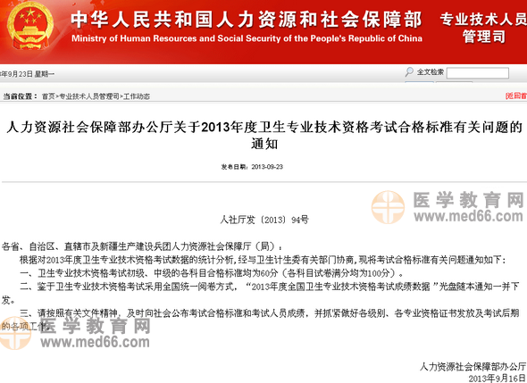 全國(guó)2013年內(nèi)科主治醫(yī)師分?jǐn)?shù)線60分