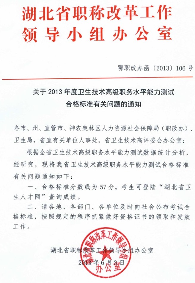 關(guān)于2013年度衛(wèi)生技術(shù)高級(jí)職務(wù)水平能力測(cè)試合格標(biāo)準(zhǔn)有關(guān)問題的通知