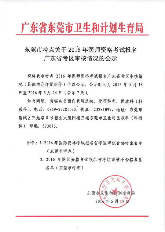 廣東東莞市2016年醫(yī)師資格考試報名審核情況公示