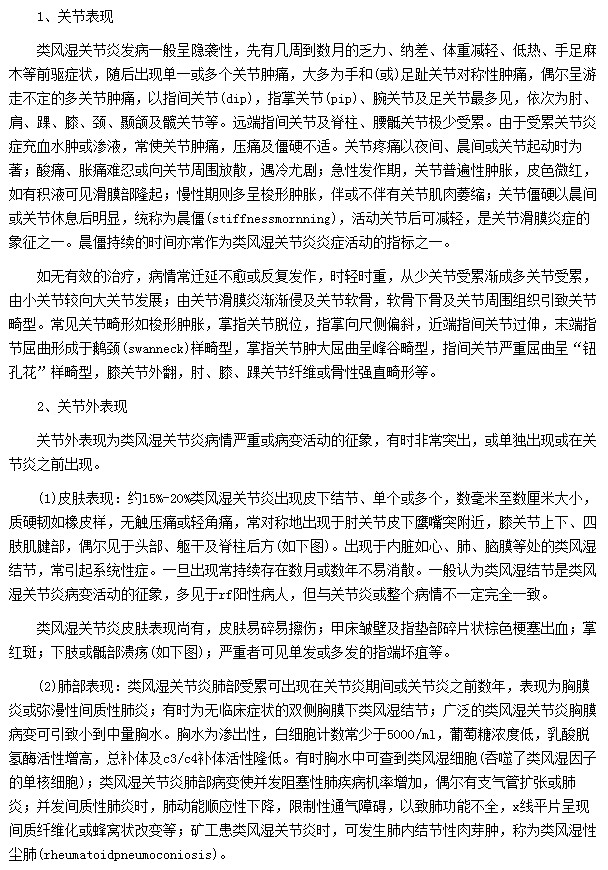 類風濕關節(jié)炎臨床表現(xiàn)為關節(jié)外表現(xiàn)和關節(jié)表現(xiàn)
