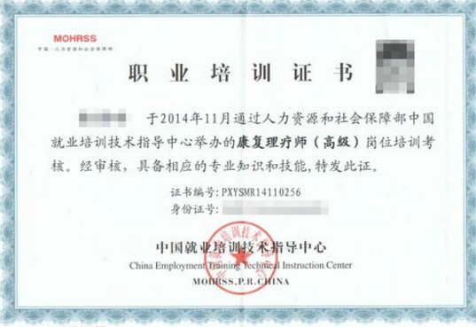 高級康復(fù)理療師證書樣本展示
