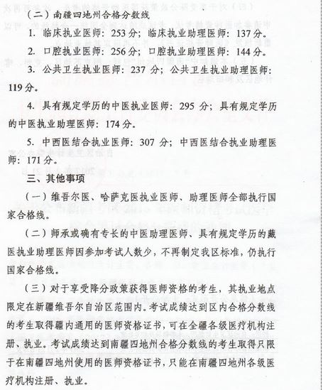 新疆地區(qū)2016年醫(yī)師資格考試合格分?jǐn)?shù)線(xiàn)