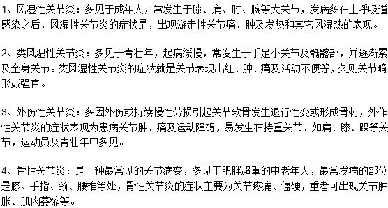 常見關節(jié)炎的分類及各自的特點是什么？