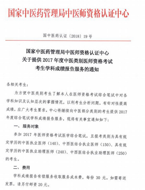 2017年中醫(yī)類(lèi)別醫(yī)師資格考試考生學(xué)科成績(jī)報(bào)告服務(wù)通知