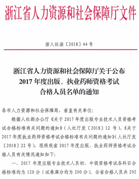 浙江省2017年出版、執(zhí)業(yè)藥師資格考試合格人員名單公示