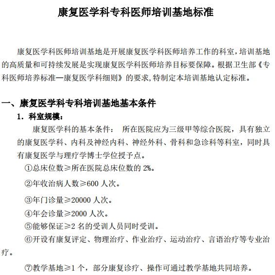 康復醫(yī)學科?？漆t(yī)師培訓基地標準