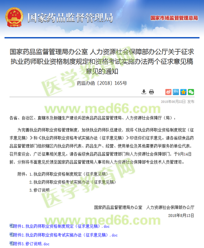 國家藥品監(jiān)督管理局辦公室人力資源社會(huì)保障部辦公廳關(guān)于征求執(zhí)業(yè)藥師職業(yè)資格制度規(guī)定和資格考試實(shí)施辦法兩個(gè)征求意見稿意見的通知