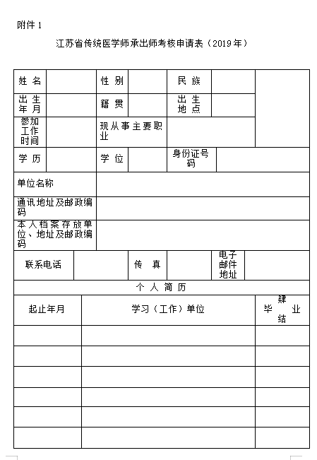 江蘇省傳統醫(yī)學師承出師考核申請表(2019年)
