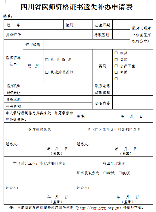 南部縣四川省醫(yī)師資格證書遺失補(bǔ)辦申請表
