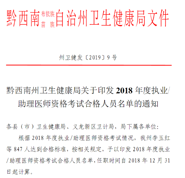 黔西南州2018年度執(zhí)業(yè)助理醫(yī)師資格考試合格人員名單