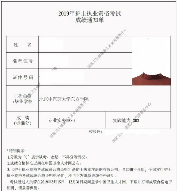 2019護(hù)士成績單