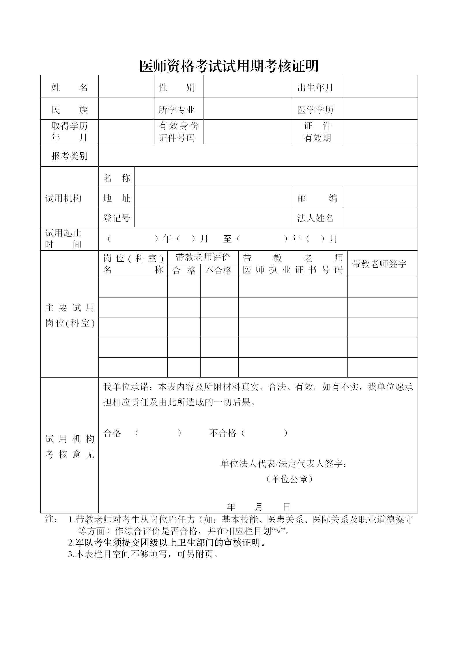 醫(yī)師資格考試試用期考核證明表下載版