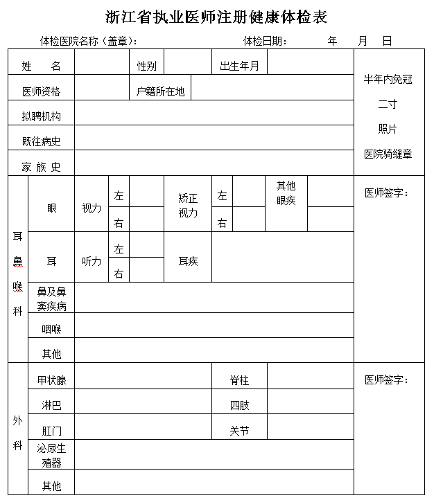 執(zhí)業(yè)醫(yī)師注冊健康體檢表