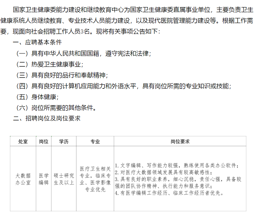 【北京】2021年國家衛(wèi)生健康委能力建設和繼續(xù)教育中心面向社會招聘醫(yī)學編輯崗位啦1 【北京】2021年國家衛(wèi)生健康委能力建設和繼續(xù)教育中心面向社會招聘醫(yī)學編輯崗位啦1