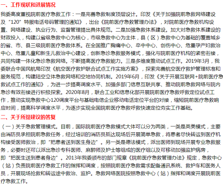 國家衛(wèi)健委答復(fù)關(guān)于院前急救立法的代表建議！