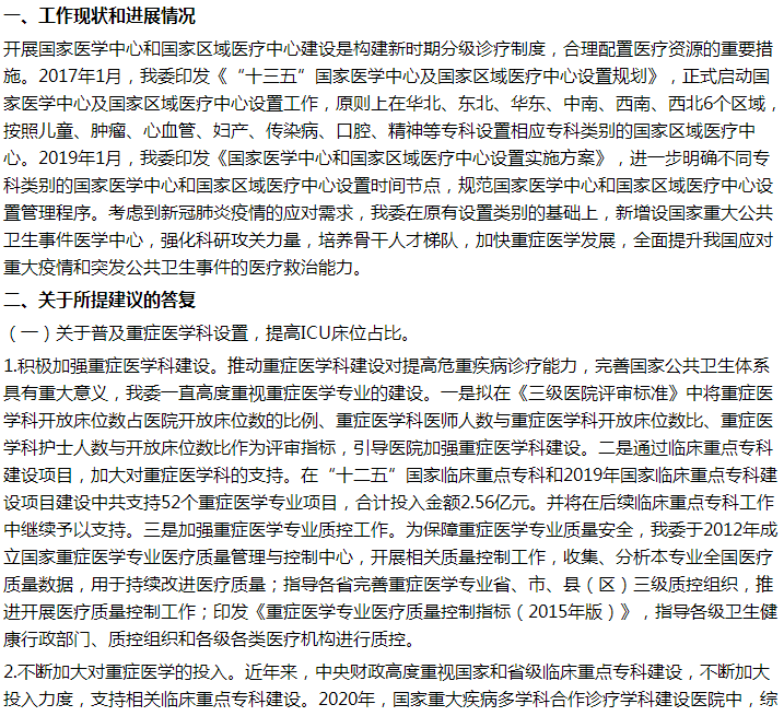 國(guó)家衛(wèi)健委關(guān)于加快重癥醫(yī)學(xué)發(fā)展的建議答復(fù)！