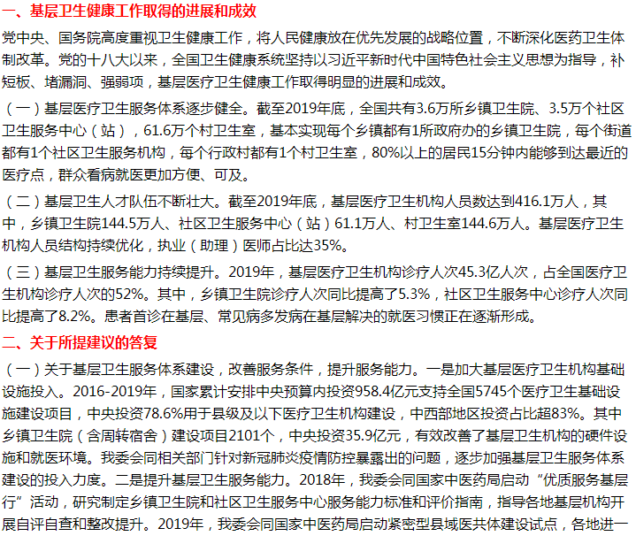 國家關(guān)于加強(qiáng)基層醫(yī)療衛(wèi)生服務(wù)體系基礎(chǔ)建設(shè)的建議答復(fù)！